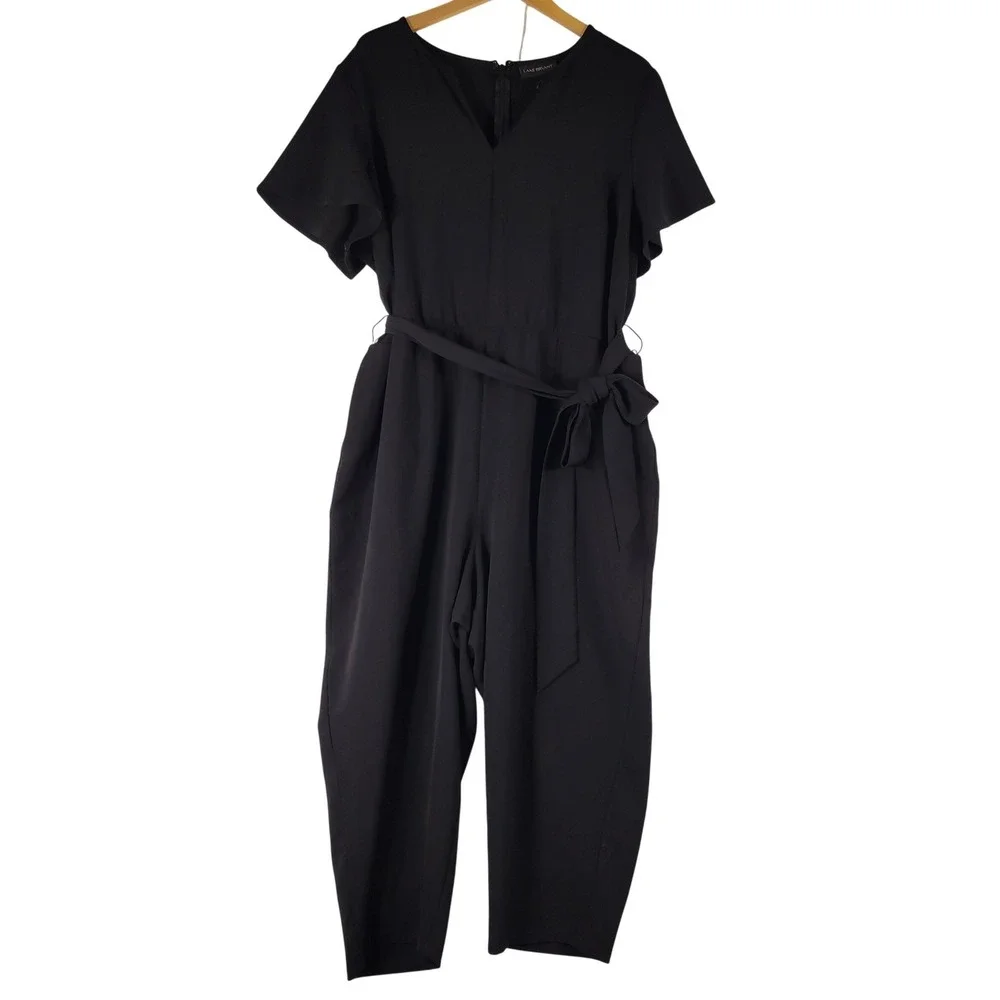 Lane Bryant Jumpsuit Women 22 Black Flutter Sleeve V-Neck Belted Cropped Chic